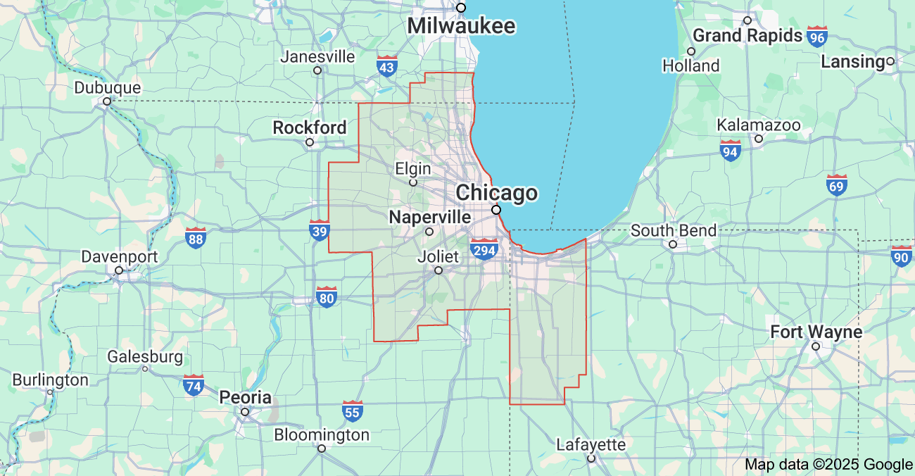 A map of Chicagoland including parts of Wisconsin and Indiana in its outline 